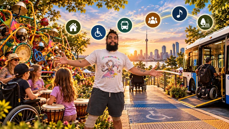 Monation, smiling with his arms open wide in a Zoosemobile T-shirt, at a sunny Toronto waterfront festival. Around him, children drum beside the Zoosemobile, a wheelchair user rolls along an accessible boardwalk, and a man in a power wheelchair boards a bus by its ramp.