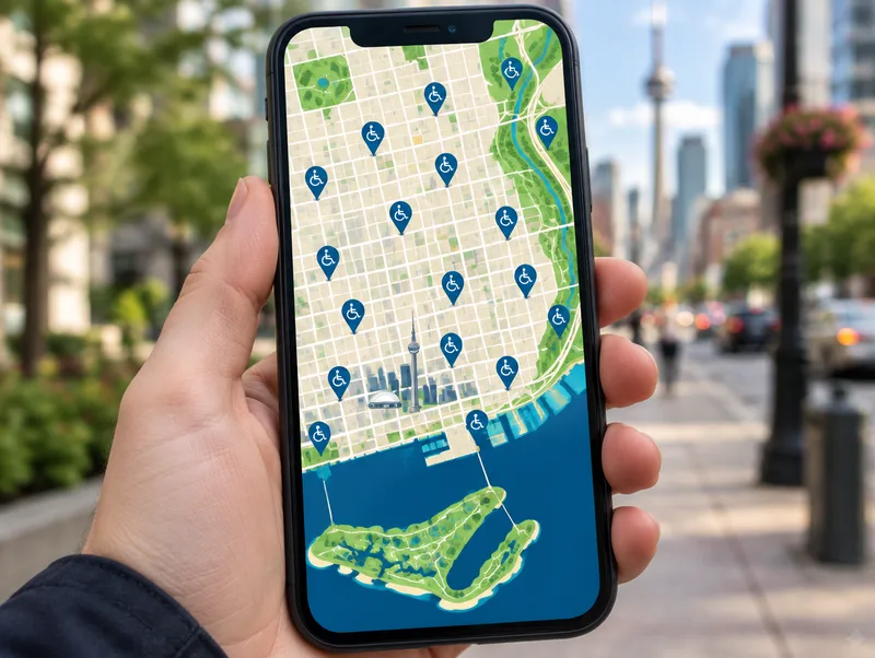 A hand holding a smartphone on a downtown Toronto street. The screen shows a map of the city and waterfront with blue accessible parking pins marked with the wheelchair symbol.